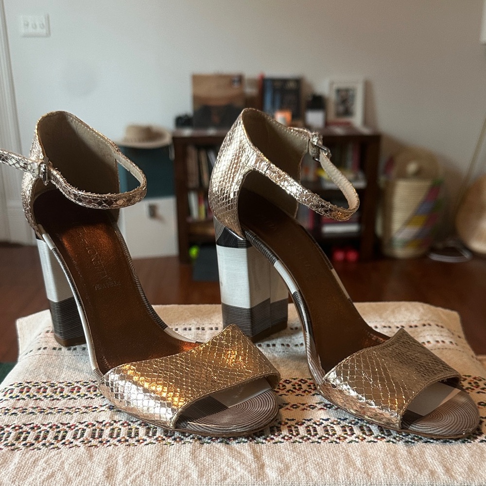 Women’s Metallic Gold Ankle-Strap Block Heel Sandals